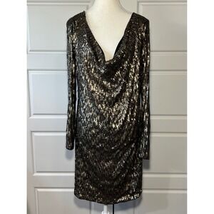 MICHAEL KORS Gold‎ Sequin Black Cowl Neck Long Sleeve Mini Dress Cocktail Small